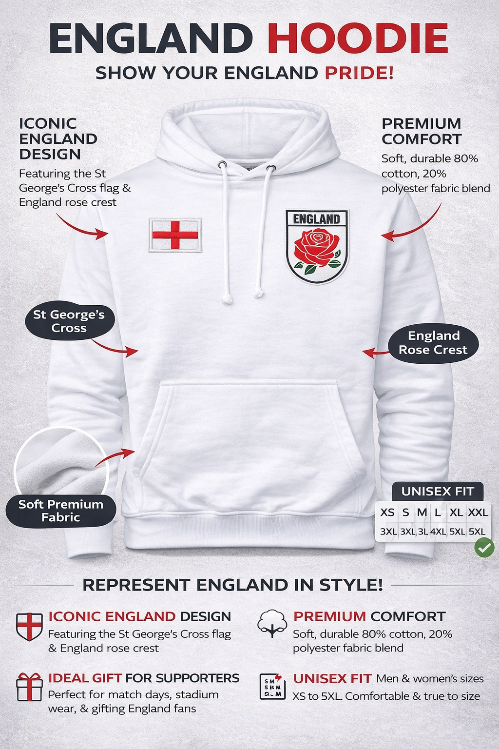 Women’s England Hoodie – Unisex Fit | St George’s Cross & England Rose