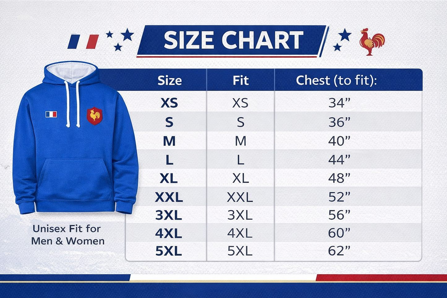 Men’s French Flag Hoodie – Royal Blue Unisex Pullover with Embroidered Rooster Crest