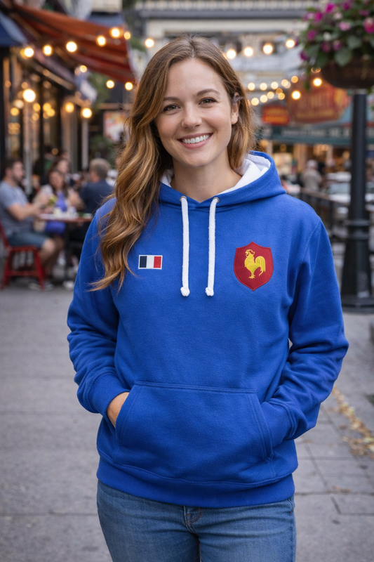 Women’s French Flag Hoodie – Royal Blue Unisex Pullover with Embroidered Rooster Crest