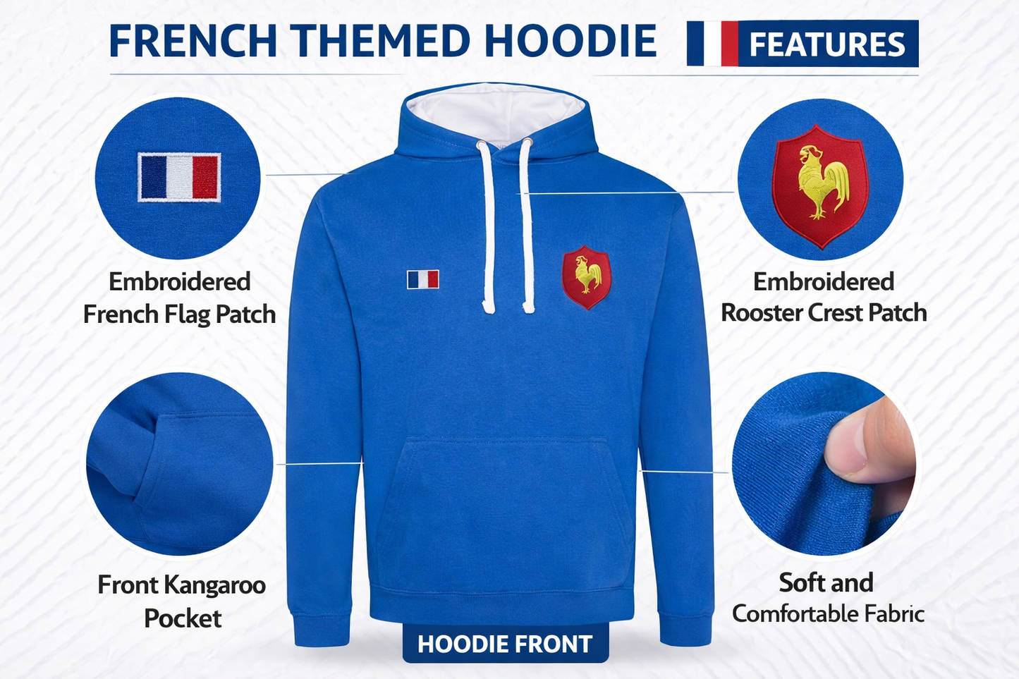 Men’s French Flag Hoodie – Royal Blue Unisex Pullover with Embroidered Rooster Crest
